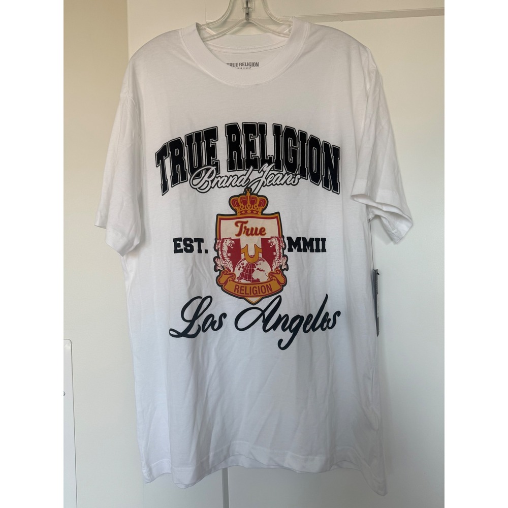 True Religion Mens SS Elite Crest Tee Optic White Graphic T-Shirt 110188 Medium